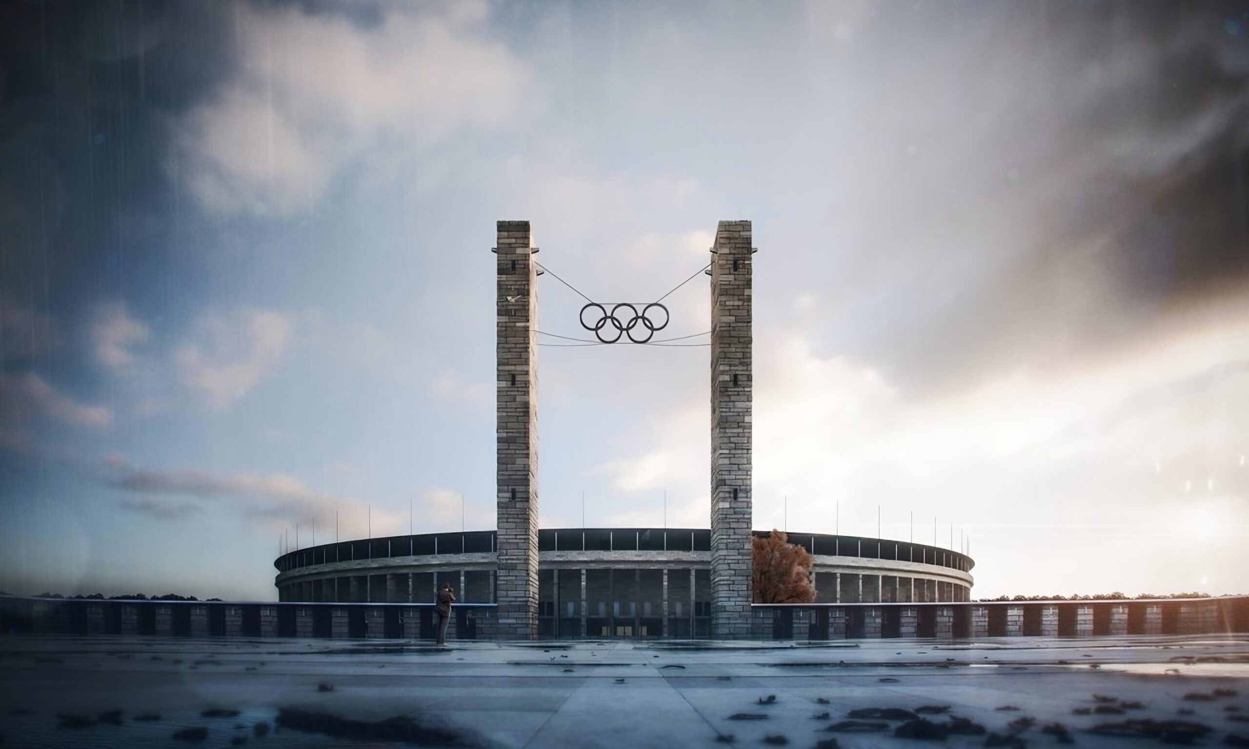 3D Rendering des Olympiastadions Berlin bei Sonnenuntergang mit Wasserpfützen auf dem Boden und dramatischem Himmel. Niesel auf der linken Seite, rechts die Sonne. Zentralperspektive vom Boden aus