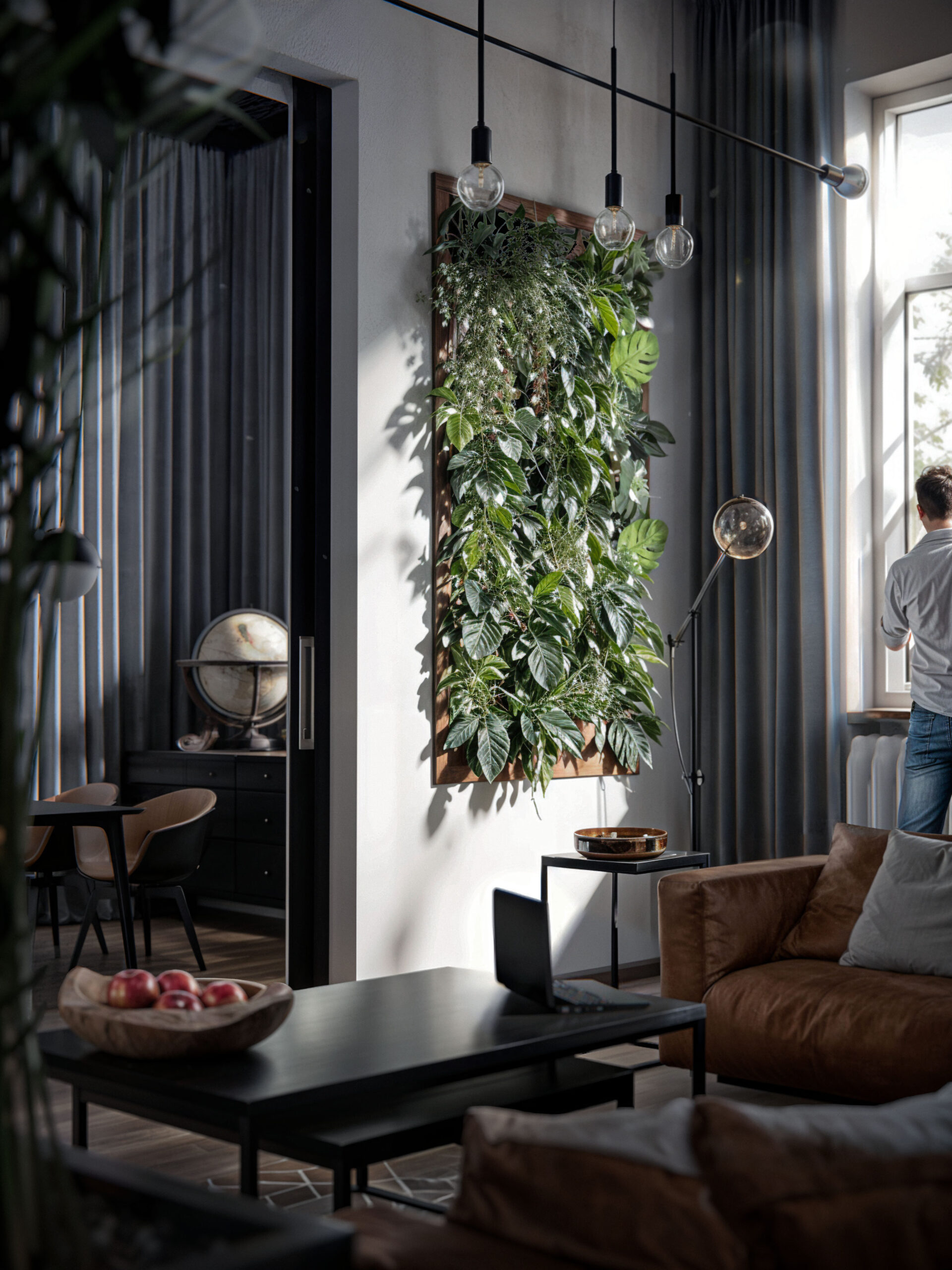 Modernes Wohnzimmer mit Ledercouch, vertikalem Garten und Mann am Fenster. Durchgang zum Essbereich durch Schiebetür
